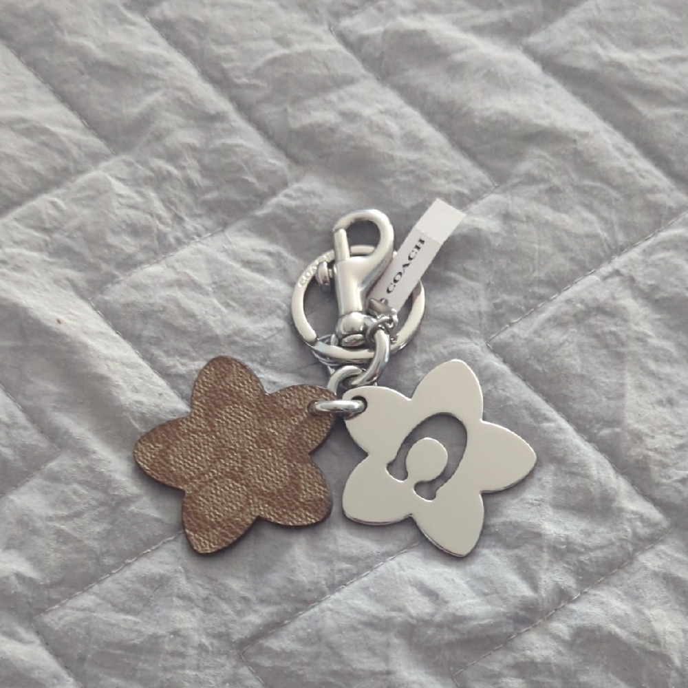 Coach Brown Leather & Silver Flower Keychain Charm